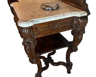 Amazing antique sideboard with marble top and backsplash in excellent condition. Alternate view.