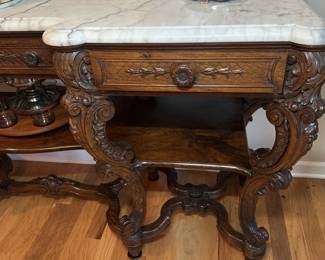 Amazing antique sideboard with marble top and backsplash in excellent condition. Alternate view.