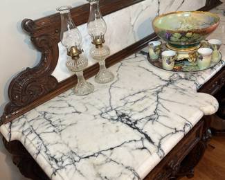 Amazing antique sideboard with marble top and backsplash in excellent condition. Alternate view.