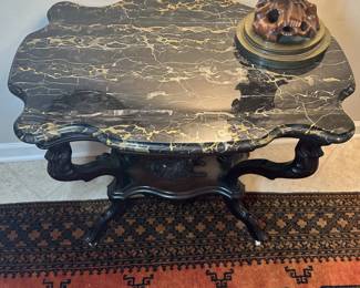 Rosewood and Marble Top Parlor Table with Dog Carving to Base - Alternate View