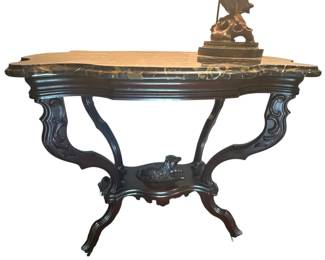 Rosewood and Marble Top Parlor Table with Dog Carving to Base - Measures 30"H x 33"W x 22"D.