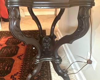 Rosewood and Marble Top Parlor Table with Dog Carving to Base - Alternate View