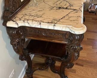 Amazing antique sideboard with marble top and backsplash in excellent condition. Alternate view.