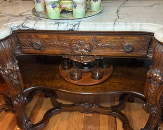 Amazing antique sideboard with marble top and backsplash in excellent condition. Alternate view.