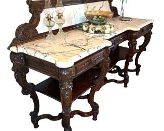 Amazing antique sideboard with marble top and backsplash in excellent condition. Alternate view.