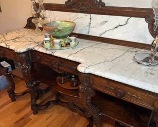 Amazing antique sideboard with marble top and backsplash in excellent condition. Alternate view.