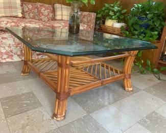 Bamboo and glass coffee table 4 ft square