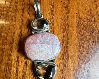 Sterling Silver Smoky Quartz and Pink Jasper Pendant
