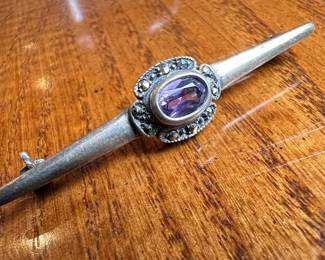 Vintage Sterling Silver Amethyst and Marcasite Bar Brooch