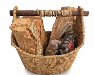 Woven Seagrass Firewood Basket with Wooden Handle