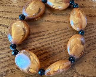Vintage Faux Amber and Black Bead Stretch Bracelet