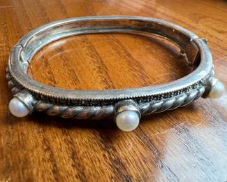 Vintage Sterling Silver and Pearl Hinged Bangle by Barbara Bixby