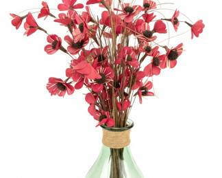 Red Floral Arrangement in Green Glass Vase with Jute Twine Accent