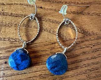 Hammered Sterling Silver Oval Drop Earrings with Lapis Lazuli Briolettes