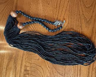 Multi-Strand Black Seed Bead Necklace with Wood Accents