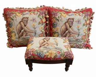Needlepoint Monkey Motif Footstool and Pillows
