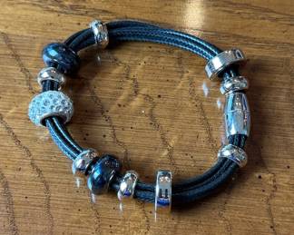 European Style Charm Bracelet with Black Leather Cord and Mixed Beads