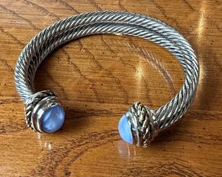 Cable-Style Bangle Bracelet with Blue Cabochons