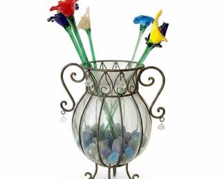 Vintage Wrought Iron and Blown Glass Caged Vase with Glass Flowers