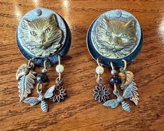 Vintage Mixed-Media Cat Motif Dangle Earrings with Charms