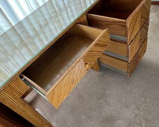Mid-Century "Pencil Reed" Rattan Desk Set with Filing Cabinet and Chair