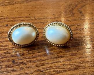 Vintage Trifari Faux Pearl Oval Gold Tone Clip-On Earrings