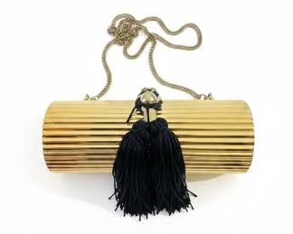 Vintage Gold-Tone Fluted Cylinder Evening Clutch with Black Tassel
