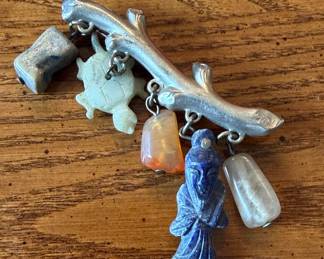 Vintage Sterling Silver Asian-Style Charm Brooch with Carved Gemstones