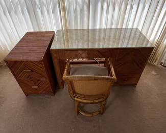 Mid-Century "Pencil Reed" Rattan Desk Set with Filing Cabinet and Chair