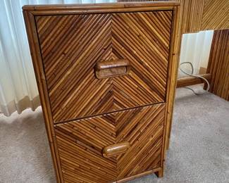 Mid-Century "Pencil Reed" Rattan Desk Set with Filing Cabinet and Chair