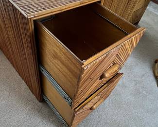 Mid-Century "Pencil Reed" Rattan Desk Set with Filing Cabinet and Chair