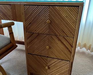 Mid-Century "Pencil Reed" Rattan Desk Set with Filing Cabinet and Chair