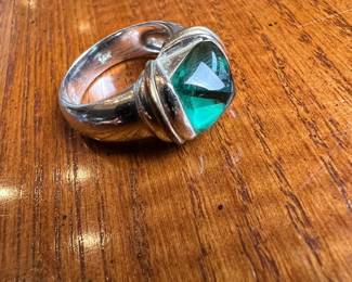 Sterling Silver Cushion Cut Green Stone Ring