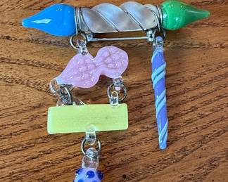 Art Glass Dangle Brooch with Twisted Cane and Textured Charm