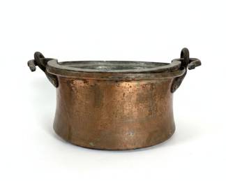 Antique Hand-Hammered Copper Cauldron with Wrought Iron Handles