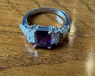Costume Jewelry Emerald Cut Amethyst and CZ Ring
