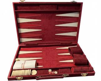 Vintage Burgundy Velvet Backgammon Set in Attache Case