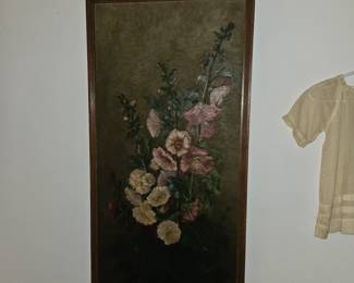 Antique oil on canvas Hollyhocks