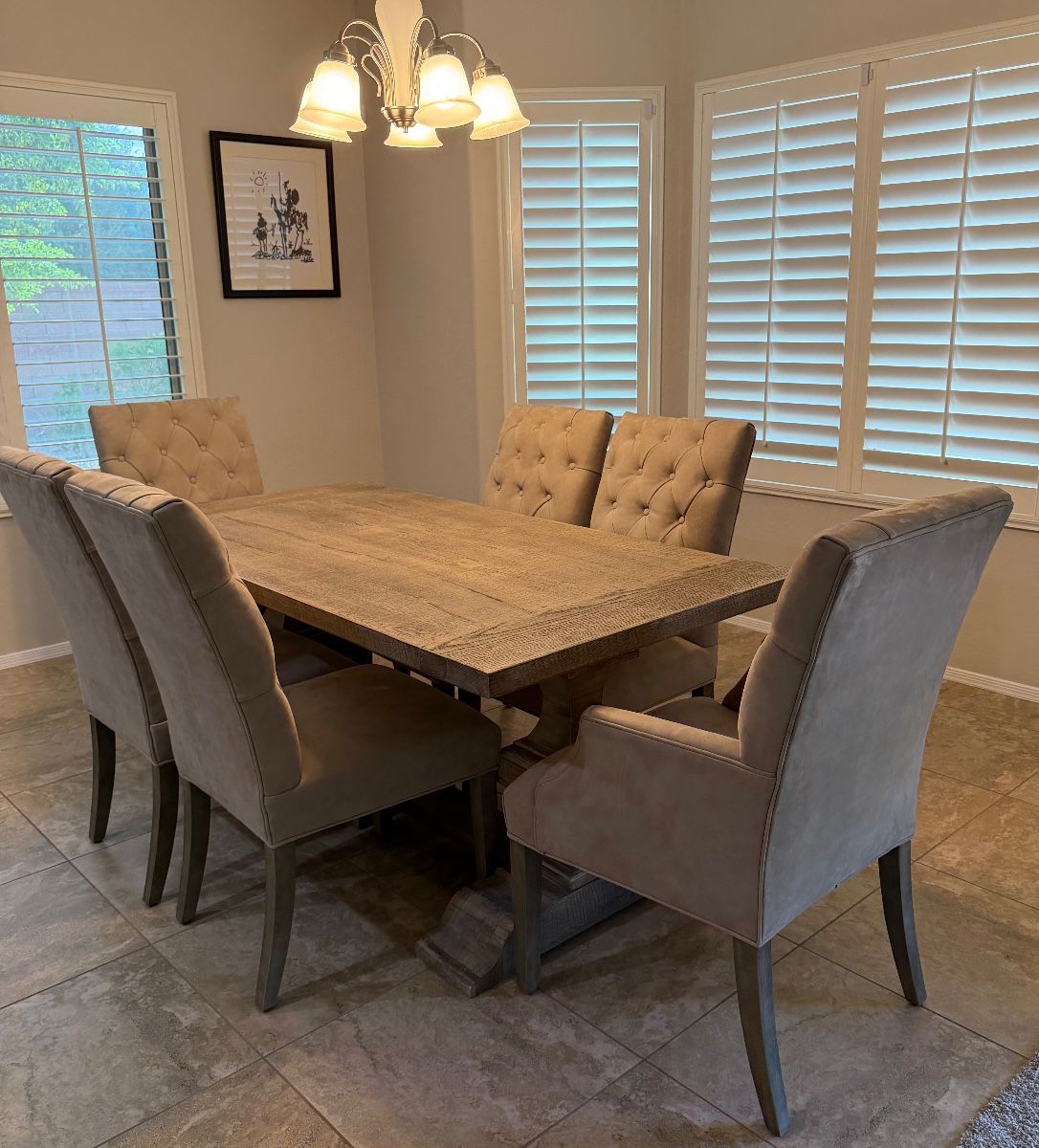 Restoration Hardware Salvaged Wood Trestle Extendable Dining Table w 6 Bennett Parson's Chairs