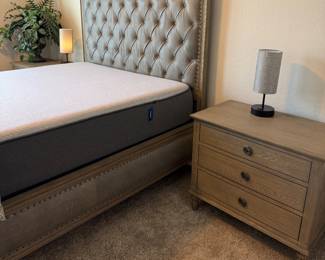 Restoration Hardware Queen Bed Frame-Tufted, 2 Nightstands, Queen Casper Mattress (Lamps N/A)