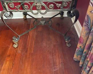 Pair of ornate, heavy wrought iron side table with glass inserts