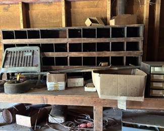 WOODEN WORKTABLE, ODDS AND ENDS