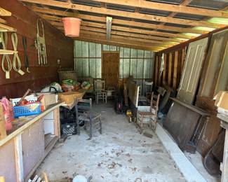VINTAGE CHAIRS, DOORS, WROUGHT IRON FRONT DOOR SCREEN, SHELVES, TABLES 