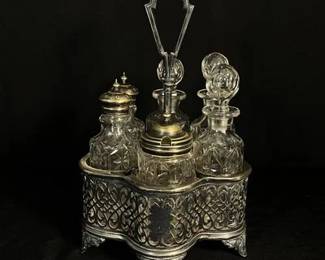 Antique Silver Plate  Cut Crystal Condiment Cruet Set