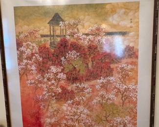 An Zhun Signed Landscape Print with Gazebo and Cherry Blossoms
