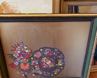 Mexican Aztec or Mayan Calendar Folk Art Painting