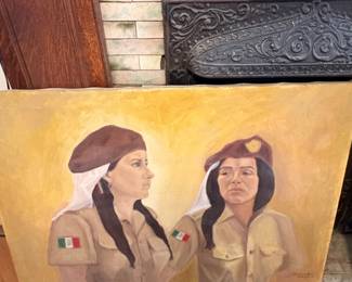 Oil Painting of Mexican Women in MilitaryStyle Uniforms