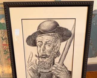 Signed Ink Portrait of a Bearded Man by J. Custodio