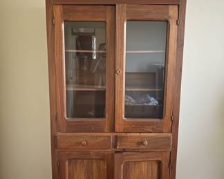 Antique Victorian Walnut or Oak Jelly Cupboard or Cabinet with Glass Doors and Drawers