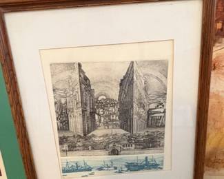 Etching of European Waterfront Architecture